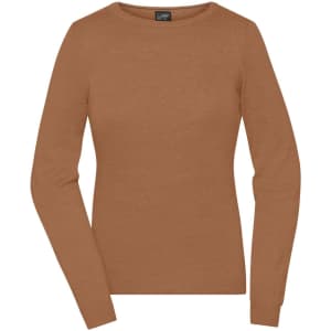 A ladies round-neck pullover in a warm brown colour, featuring long sleeves and a logo.