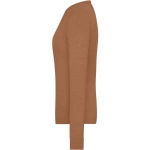 A side view of a ladies round-neck pullover in a warm brown colour, featuring long sleeves and a simple design.