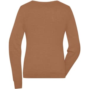 A brown ladies round-neck pullover, featuring a knitted design and long sleeves. The back view is displayed.