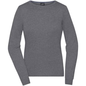 A ladies' round-neck pullover in a soft grey colour, featuring long sleeves and a fitted design.