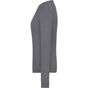 A grey ladies' round-neck pullover with long sleeves, displayed from the side. It features a simple design and a logo.