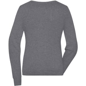 A grey ladies round-neck pullover jumper with long sleeves, featured from the back view. It has a logo.