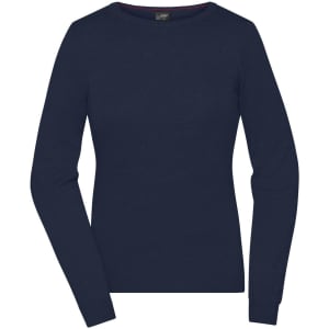 A navy blue ladies round-neck pullover with long sleeves, featuring a subtle logo on the neckline.