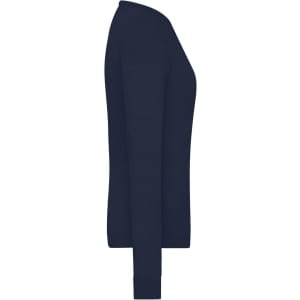 A navy blue ladies round-neck pullover, featuring long sleeves and a fitted silhouette. Includes a logo.