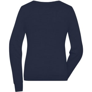 A navy blue round-neck pullover jumper with long sleeves and a fitted design, featuring a logo.