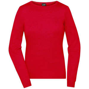 A red ladies round-neck pullover with long sleeves, featuring a simple design and a small logo.