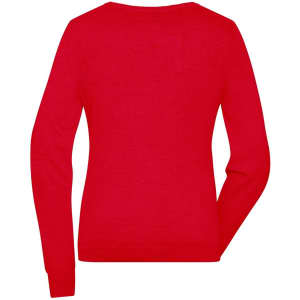 A red ladies round-neck pullover with long sleeves and a simple design, featuring a logo on the back.