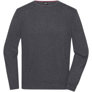 A men's round-neck pullover in dark grey with long sleeves and a subtle logo.