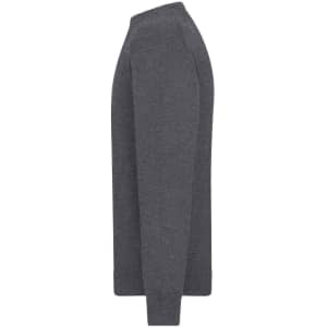 A grey men's round-neck pullover sweater, displayed from the side, featuring long sleeves and a simple design.