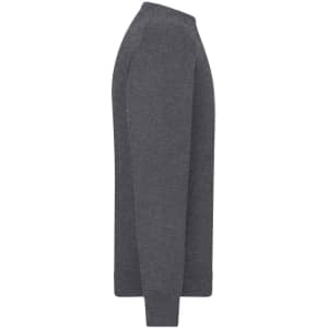 A grey men's round-neck pullover sweater viewed from the side. The design includes a logo on the garment.