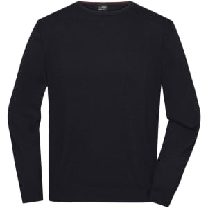 A men's round-neck pullover in plain black, featuring long sleeves and a subtle texture. It includes a logo on the label.