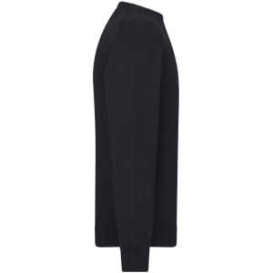 A black men's round-neck pullover sweater displayed from the side, featuring long sleeves and a plain design.