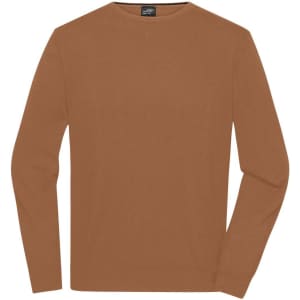 A men's round-neck pullover in a warm brown colour, featuring long sleeves and a logo on the label.