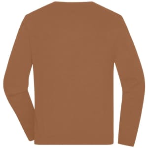 A men's round-neck pullover in a warm brown colour with long sleeves and a simple design. Features a branding logo.