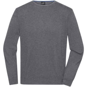 A grey round-neck pullover sweater with long sleeves and a branded label inside.