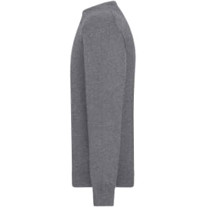 A grey men's round-neck pullover sweater displayed from a side view, featuring long sleeves and a simple design.