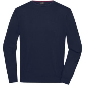A navy blue men's round-neck pullover sweater with long sleeves and a subtle texture. It features a logo on the label.