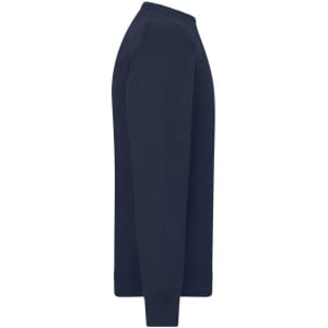 A men's round-neck pullover in navy blue, displayed from the side with long sleeves. Features a logo on the design.