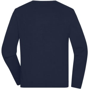 A navy blue men's round-neck pullover sweater with long sleeves and a plain design. It features a logo.