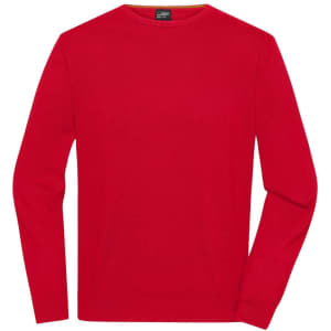 A red round-neck pullover sweater with long sleeves and a simple design. Features a logo at the neck.