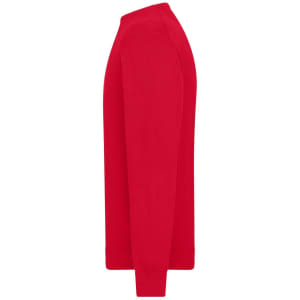 A red men's round-neck pullover sweater displayed from the side, featuring a simple design and long sleeves.