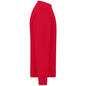 A red men's round-neck pullover sweater displayed from a side view, featuring long sleeves and a simple design.