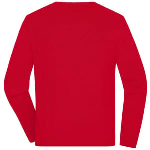 A red men's round-neck pullover sweater featuring long sleeves and a plain back design.