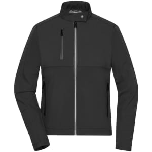 A black ladies softshell jacket with a zippered front, two side pockets, and a chest pocket. Features a logo.