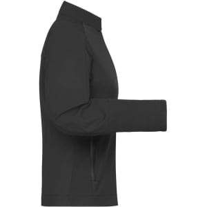 A black ladies softshell jacket displayed from the side, featuring a sleek, fitted design and a logo.