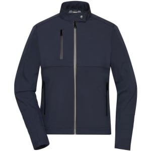 A navy ladies softshell jacket with long sleeves, zippered front, and pockets, featuring a logo on the left side.