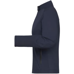 A navy ladies softshell jacket with a sleek design and fitted silhouette, featuring a logo.