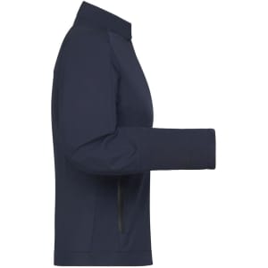 A ladies' softshell jacket in navy blue with a side zip pocket and a collar. It features a logo on the front.