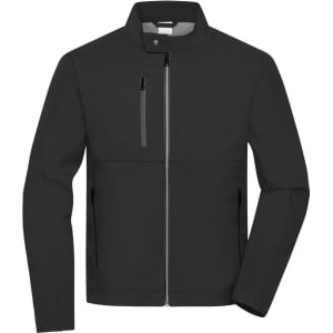 A men's softshell jacket in black featuring a zip front, pockets, and a stand collar. It has a logo on the chest.