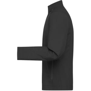 A men's softshell jacket in black, featuring a sleek design and a side view showcasing its fit and structure.