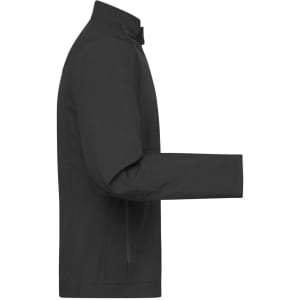 A men's softshell jacket in dark grey with a zip front and a logo on the sleeve.