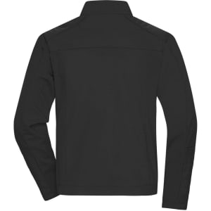 A black men's softshell jacket featuring a straight cut and a collar, with a logo on the back.