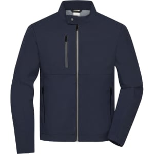 A mens softshell jacket in navy blue with a zip front, featuring a chest pocket and side pockets.