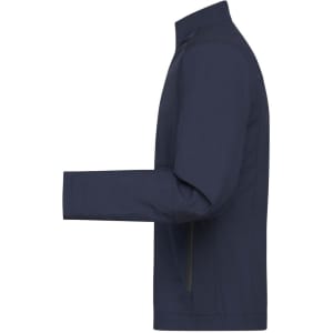 A men's softshell jacket in navy blue with a slim fit and zippered pockets. Features a branding logo.