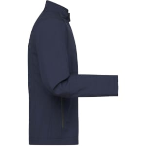 A navy men's softshell jacket with a zippered pocket and a stand-up collar. It features a logo on the chest.
