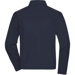 A navy men's softshell jacket featuring a plain design and a logo on the back.