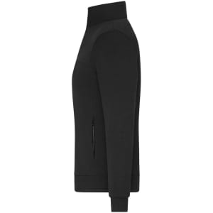 A black ladies jacket featuring a zippered side pocket and a high collar, with a fitted design.