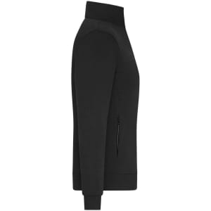 A black ladies jacket featuring a zippered front and side pockets, designed with a sleek, minimal profile.