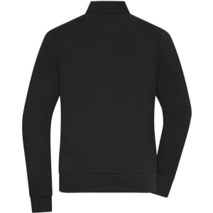 A black ladies jacket featuring a collar, long sleeves, and a fitted design. It has a logo on the back.