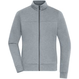 A grey ladies jacket featuring a zip front and high collar, with smooth fabric and long sleeves.