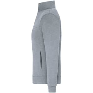 A grey ladies jacket featuring a high collar and side zip pockets. It has a casual style with a fitted silhouette.