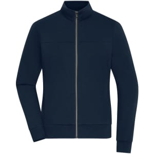 A navy ladies jacket featuring a high collar and a front zipper. It includes a branding logo.