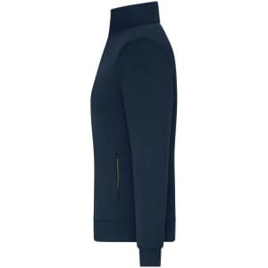 A navy blue ladies jacket featuring a high collar and side zipper pocket. It has a fitted silhouette and long sleeves.