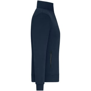 A ladies jacket in navy blue with a high collar and side zip pockets. Features a logo on the chest.