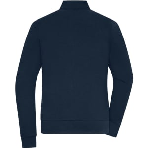A navy ladies jacket with long sleeves and a high collar, featuring a back view and a plain design.