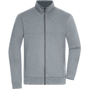 A grey track jacket with a high collar and zip front, featuring a simple design and long sleeves.